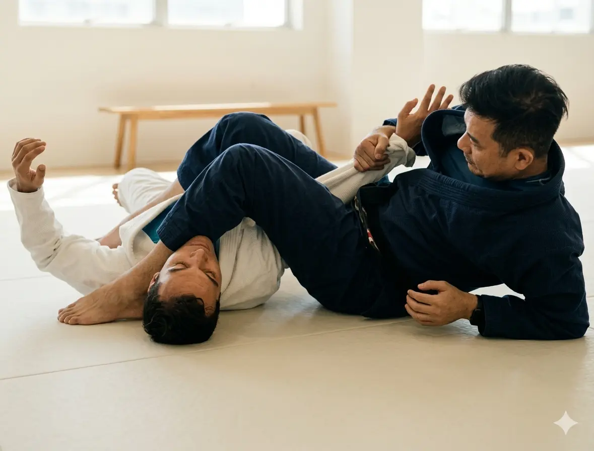 Two students training BJJ on the mat at VCBJJ