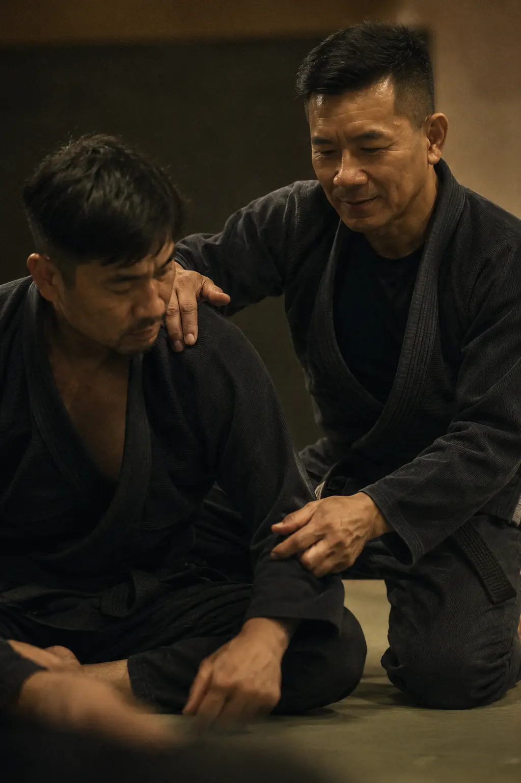 Two people working through a controlled position on the mat — the coaching quiet, deliberate, nothing rushed