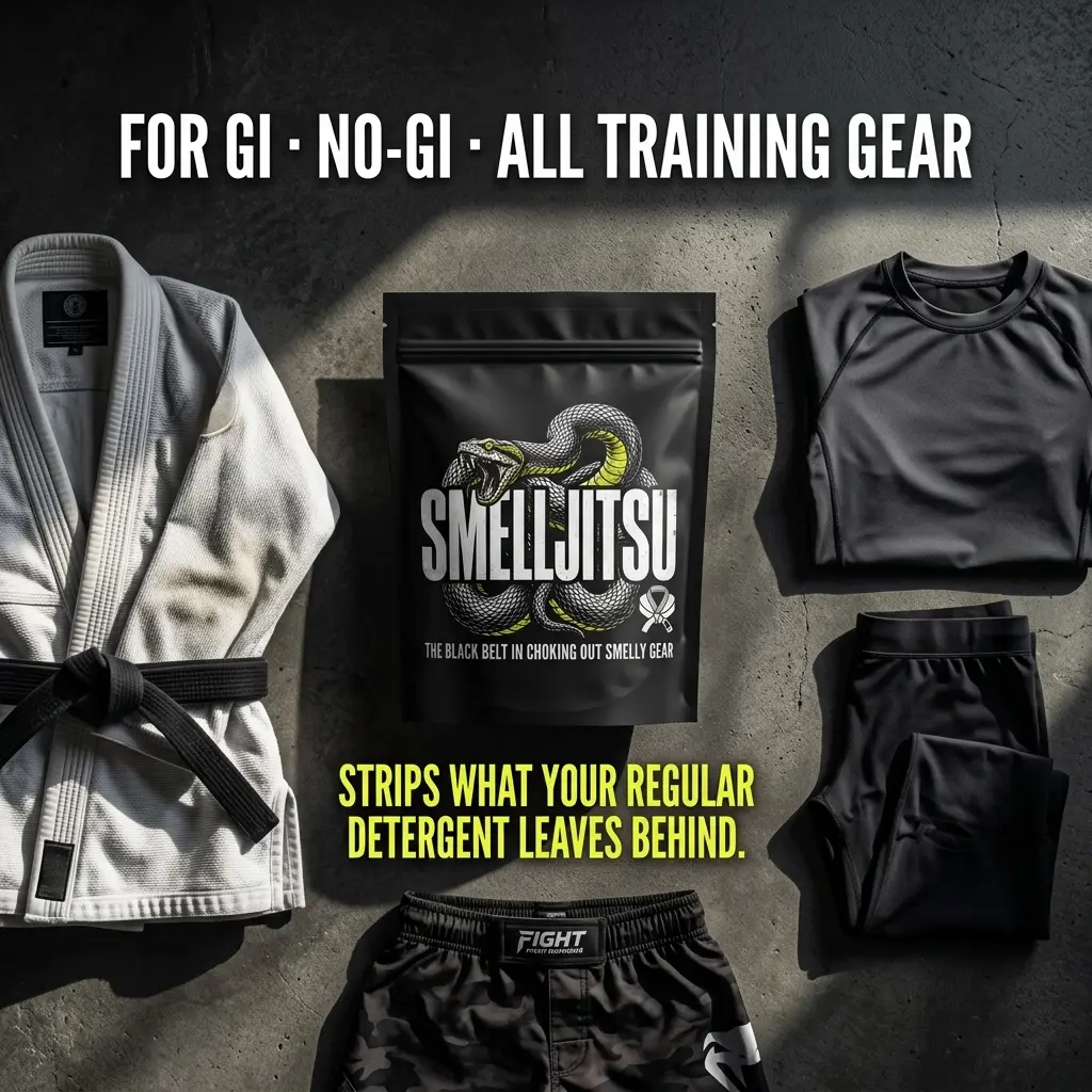 Smelljitsu strip wash pouch surrounded by BJJ gi and no-gi gear