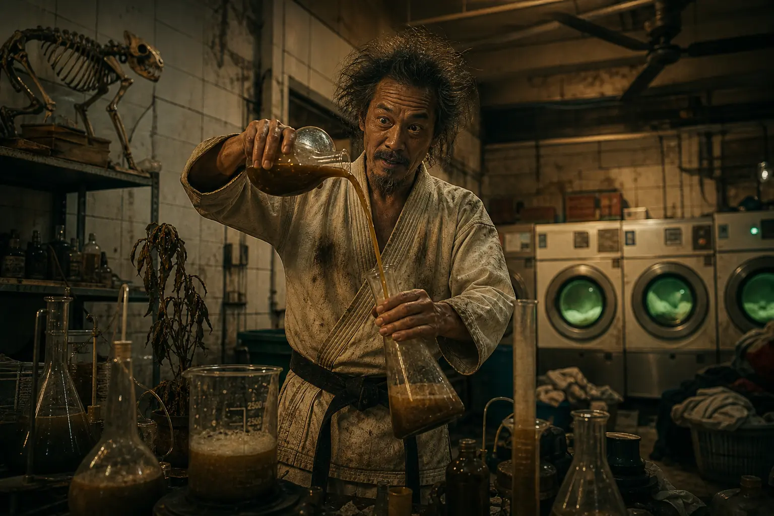 BJJ practitioner surrounded by lab equipment and washing machines, pouring liquid between flasks
