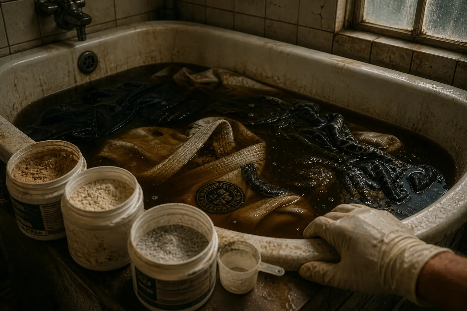 BJJ gi soaking in dark brown water in a stained bathtub, gloved hand at the edge